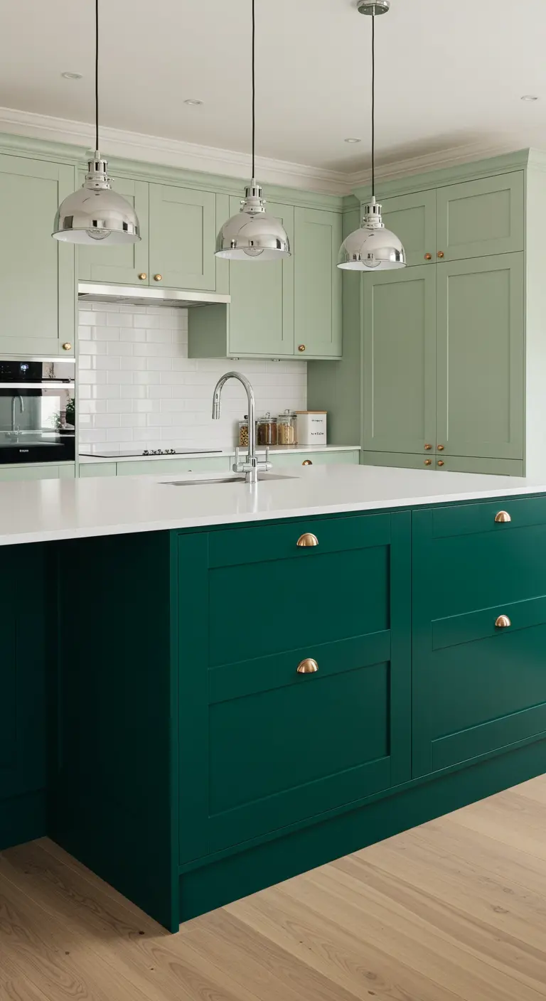 Matte donkergroene kasten met glanzend wit aanrechtblad en chromen hanglampen.