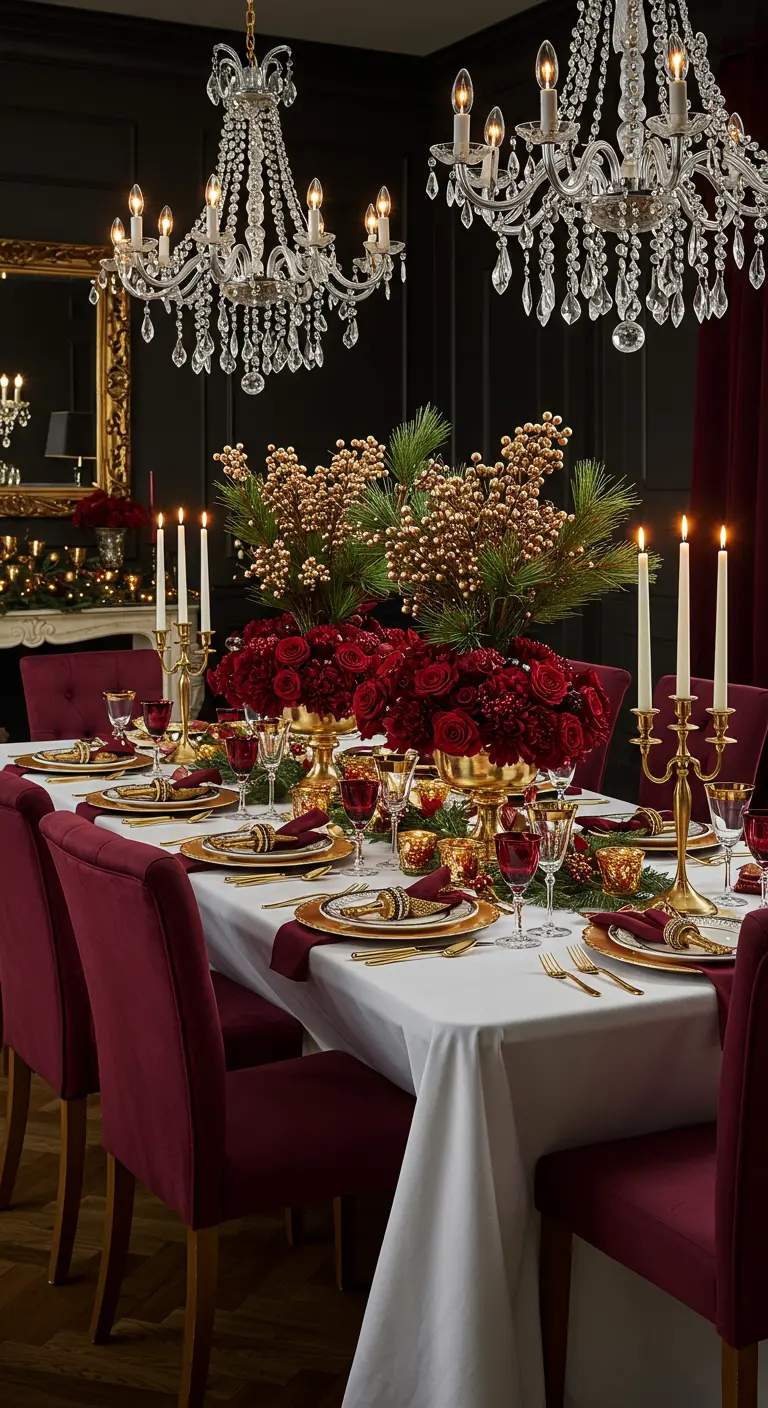Chique eettafel met rode fluwelen stoelen, gouden kandelaren en een centerpiece met rode rozen.