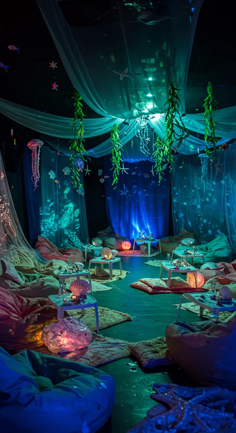 Diepzee thema filmruimte met blauwgroene projecties, zachte kussens en hangende zeedecoratie.