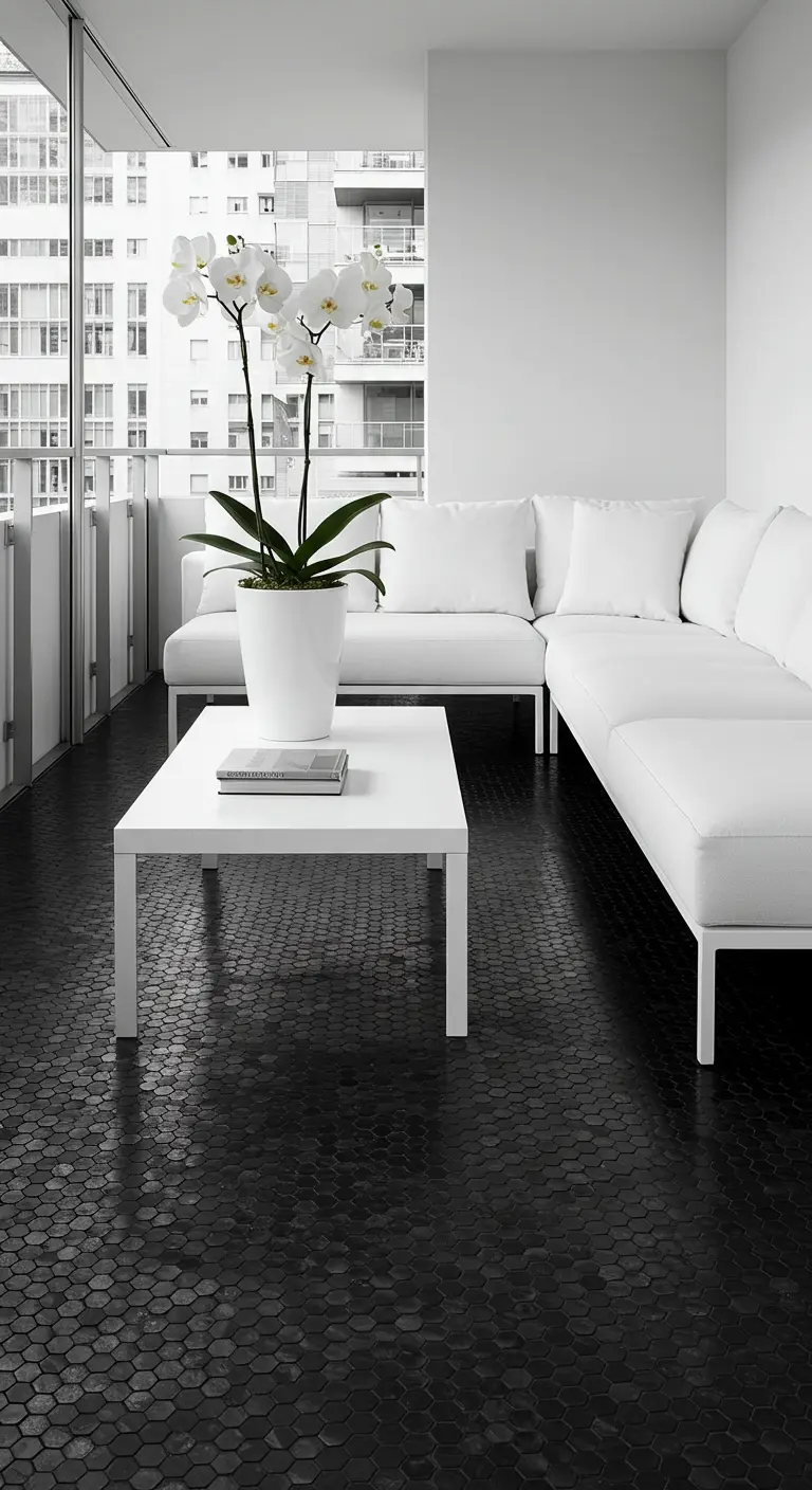 Strak, modern balkon met glanzende zwarte mozaïektegels en witte designmeubels.