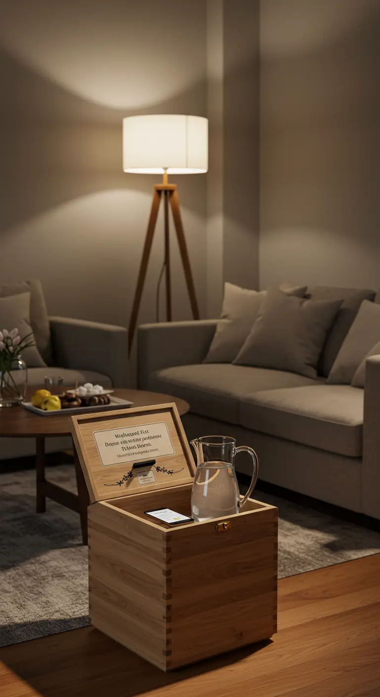 Houten kistje met een briefje erin, bedoeld als 'telefoon hotel' voor gasten op een feest.