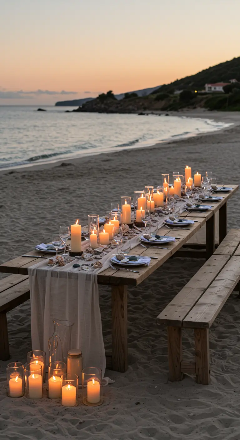 Lange houten dinertafel op het strand, verlicht door talloze kaarsen bij zonsondergang.