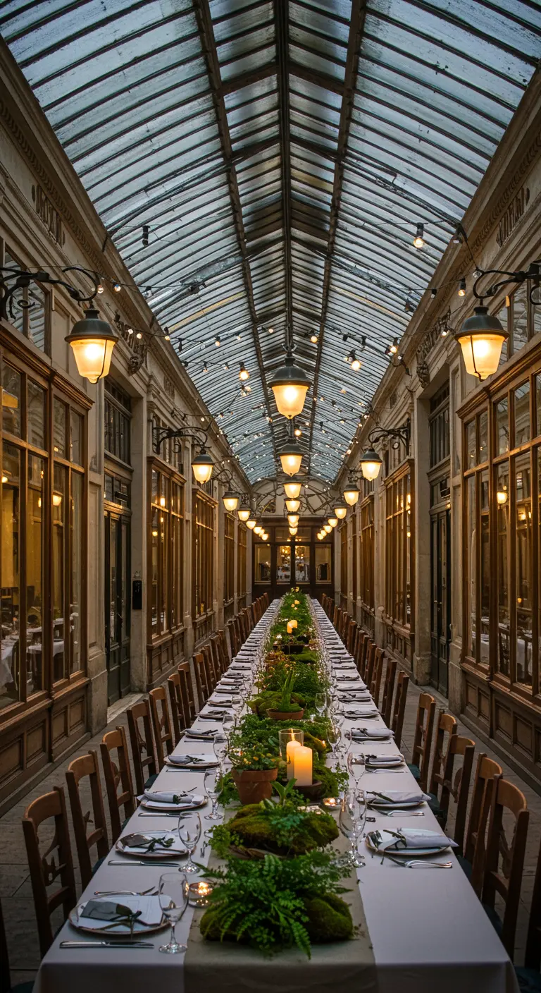 Extreem lange dinertafel in een Parijse passage, met een loper van mos en varens.