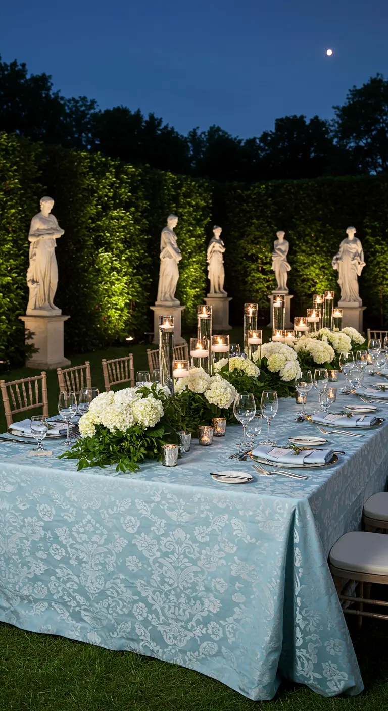Lange dinertafel in een tuin met klassieke beelden en witte hortensia's.
