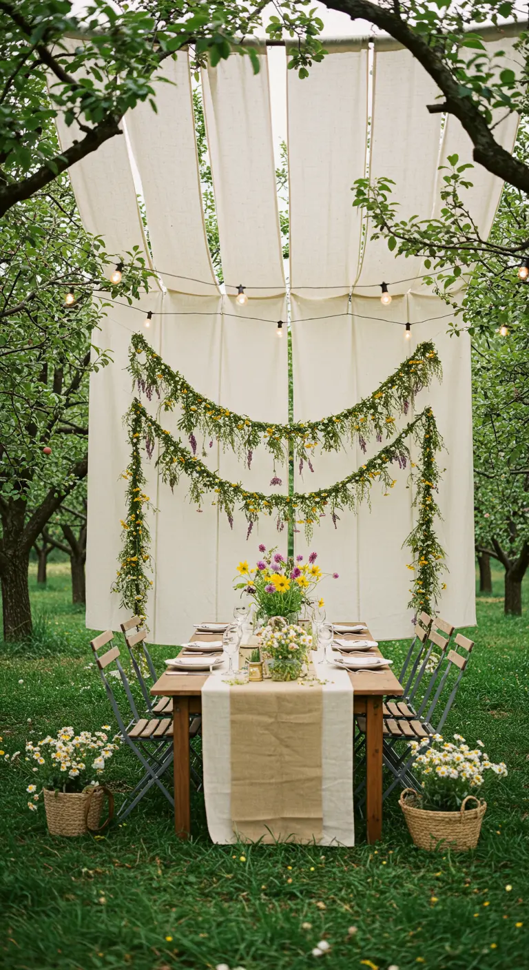 Dinertafel in een boomgaard met een backdrop van canvas en bloemenslingers.