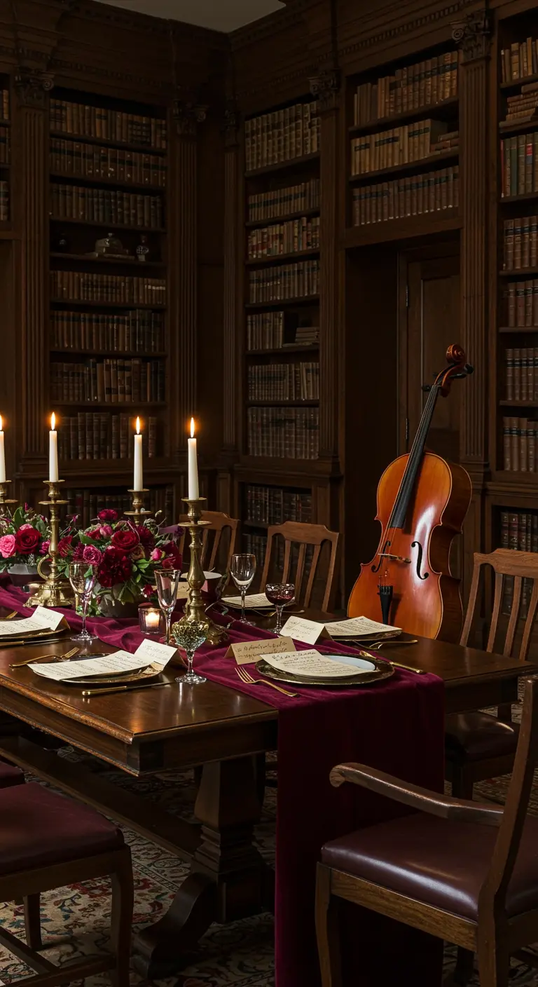 Dinertafel in bibliotheek met cello, kaarsen en bordeauxrode accenten.