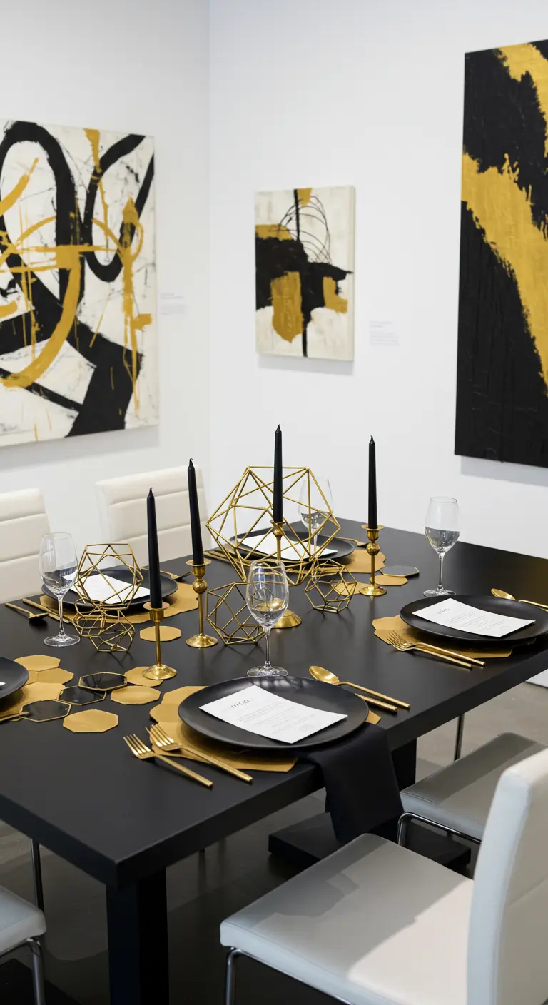 Moderne tafelsetting met geometrische gouden objecten, passend bij de kunst aan de muur.