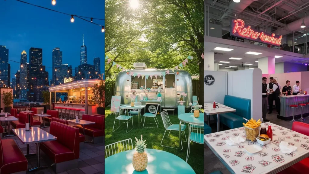 Feestdecor in retrostijl: American diners, inclusief dakterras, foodtruck en een binnenruimte.
