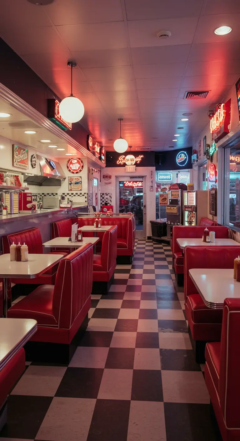 Retro Amerikaanse diner met rode cabines, geruite vloer en neonverlichting.