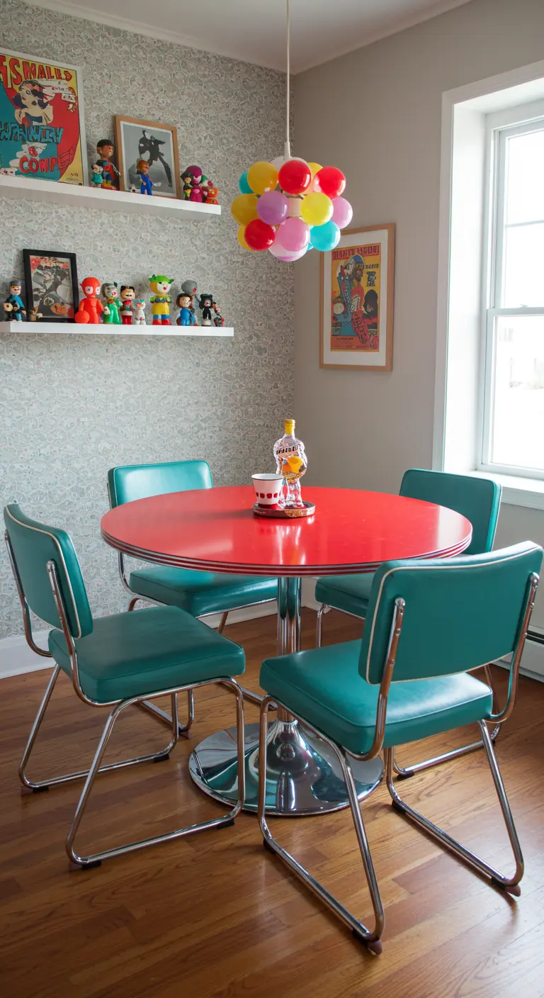 Retro eetkamer met rode ronde tafel, turquoise stoelen en kleurrijke ballonlamp.
