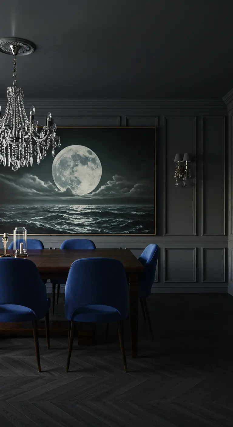 Donkere eetkamer met groot schilderij van de maan en blauwe fluwelen stoelen.