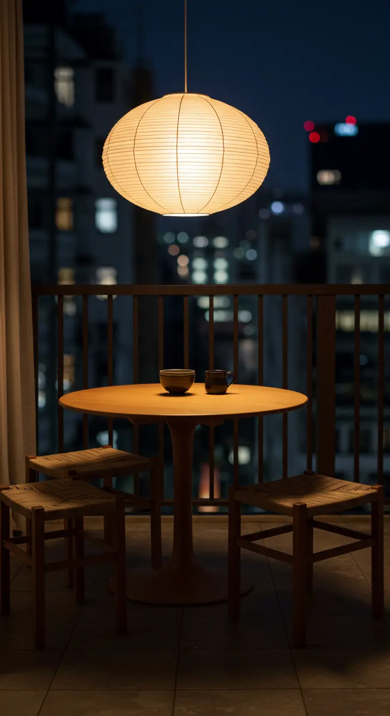 Compacte eethoek op balkon met ronde tafel en grote lampion.