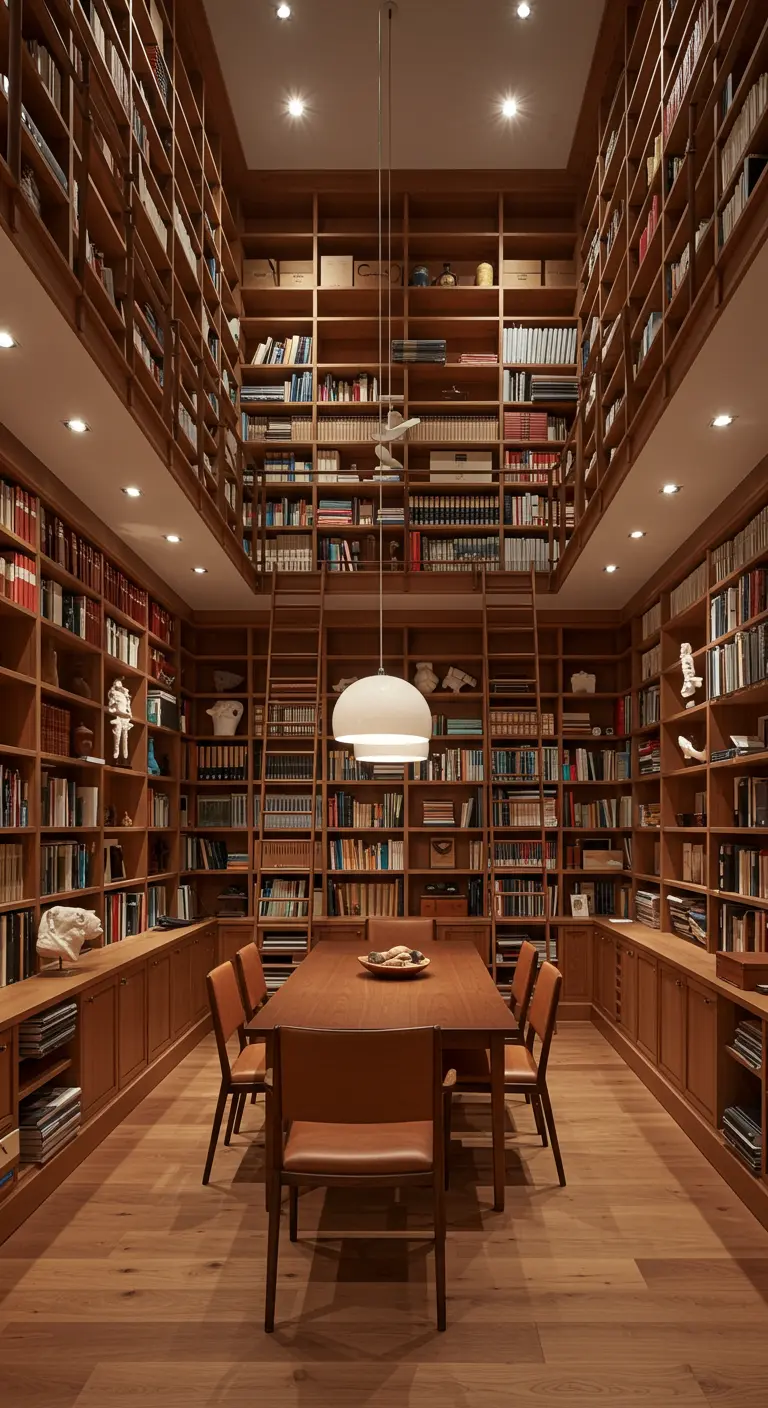 Grote eetkamer die ook een bibliotheek is, met boekenkasten tot aan het hoge plafond.