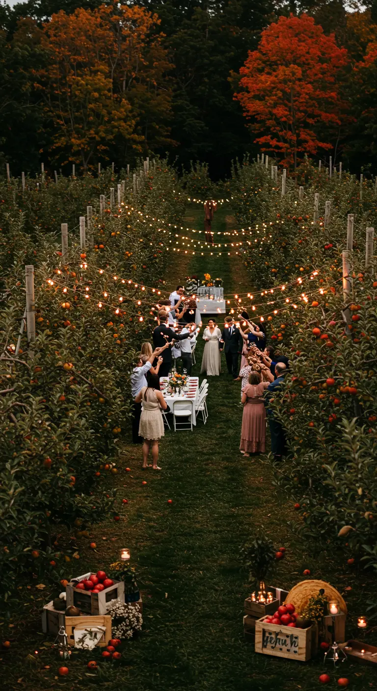 Gasten proosten aan een lange dinertafel in een appelboomgaard, verlicht door lichtslingers.