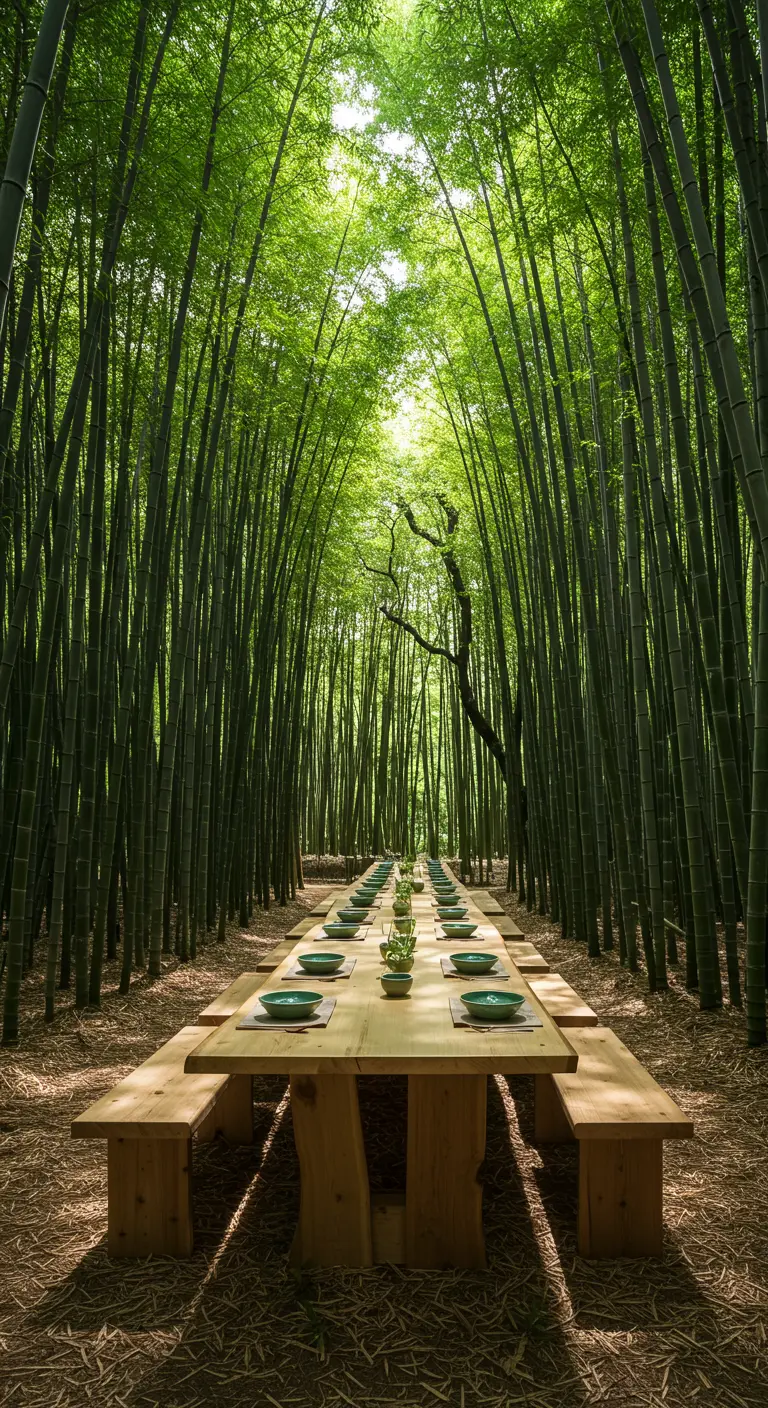 Lange houten eettafel met banken in een hoog bamboebos.