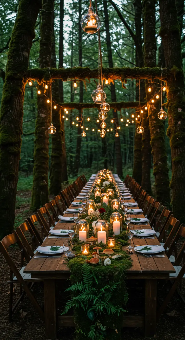 Lange houten tafel in een bos, gedecoreerd met een mosloper en kaarsen onder glas.