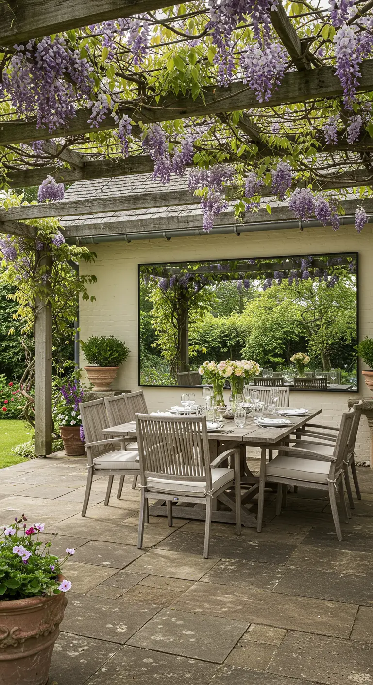Eettafel onder een pergola met een grote spiegel die de tuin verdubbelt.