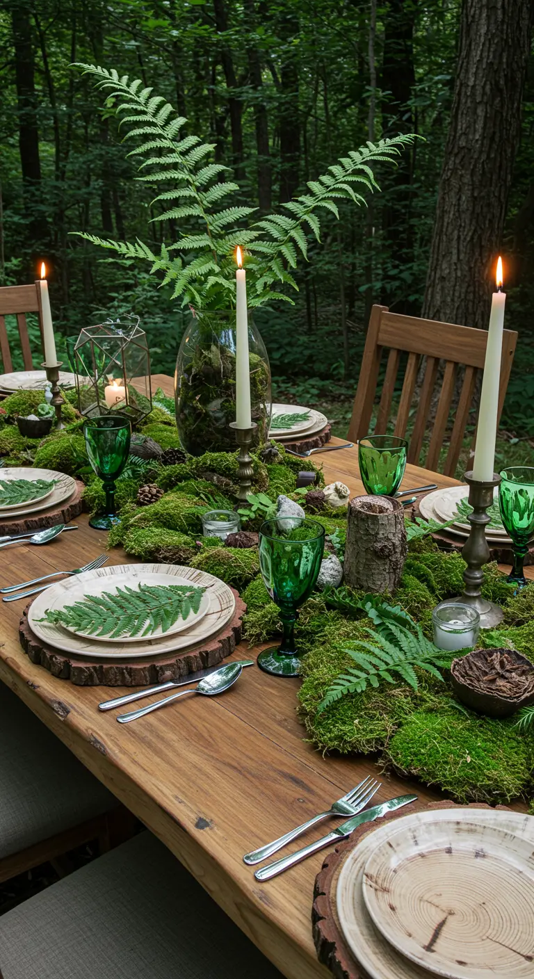 Bostafel met mos, varens, houten onderborden en groene glazen.