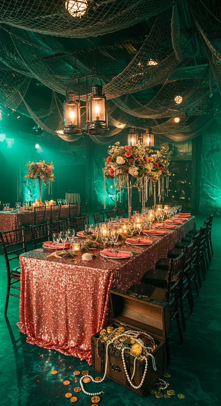 Luxe dinertafel met koraalrode pailletten en stoelen, omringd door donkergroene sfeerverlichting.