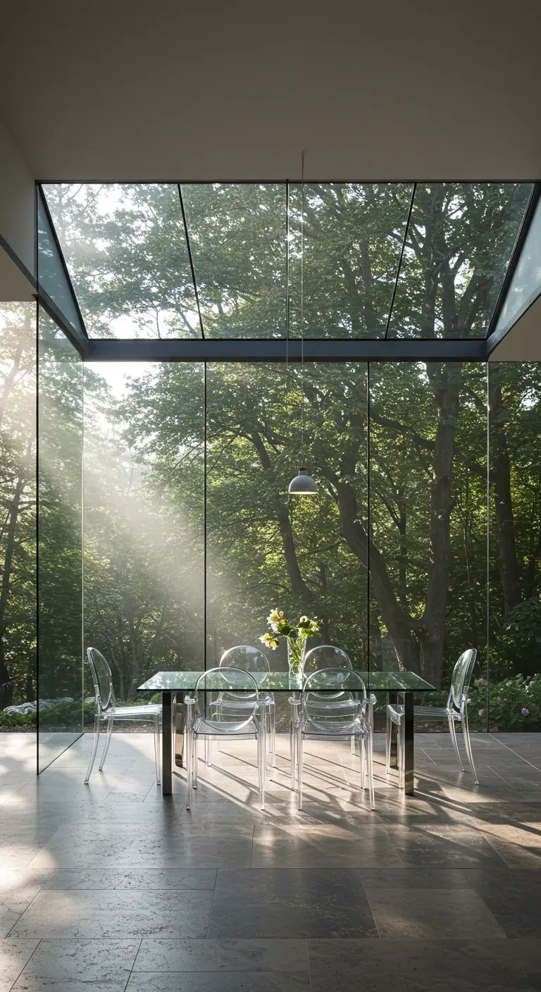 Eetkamer in een glazen aanbouw in het bos, met een glazen tafel en transparante stoelen.