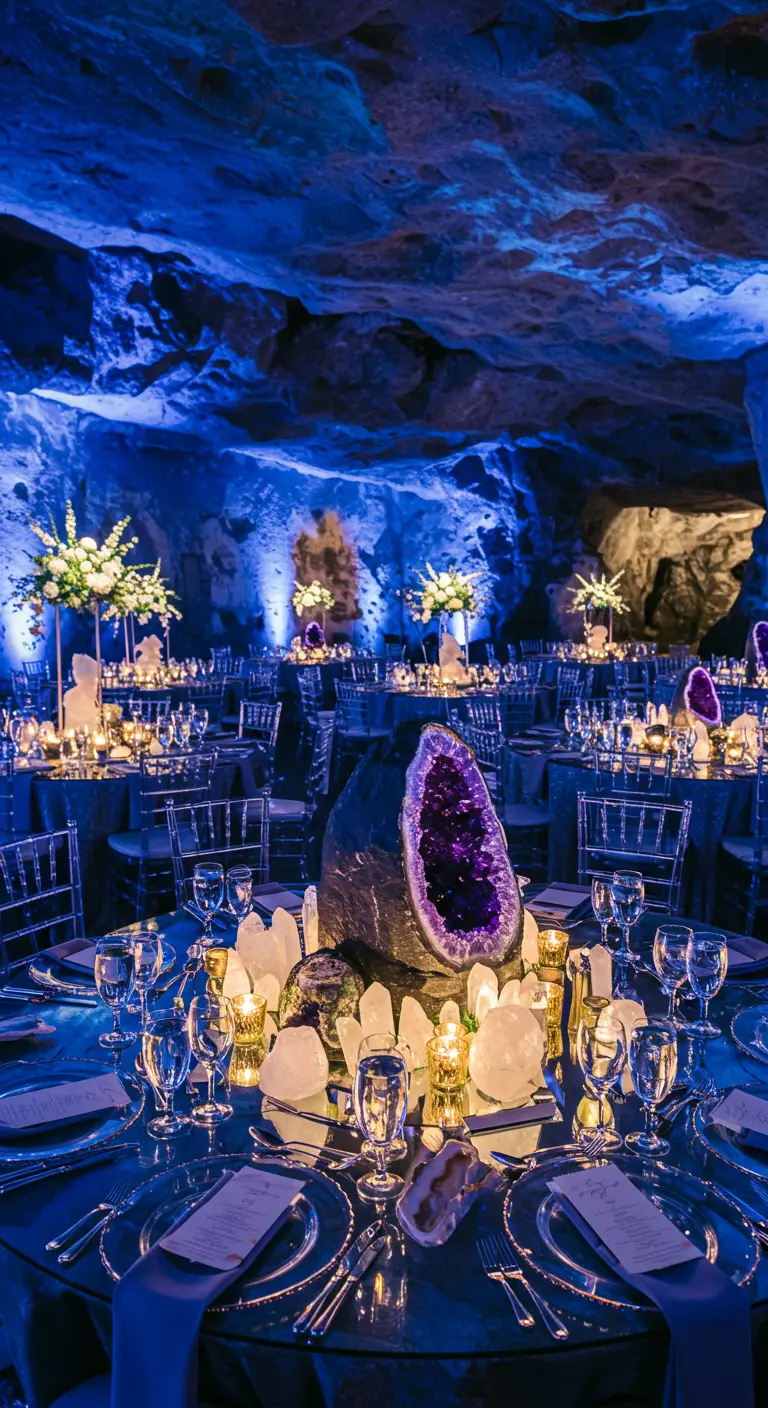 Dinersetting in een blauw verlichte grot met een grote amethist als centerpiece op tafel.