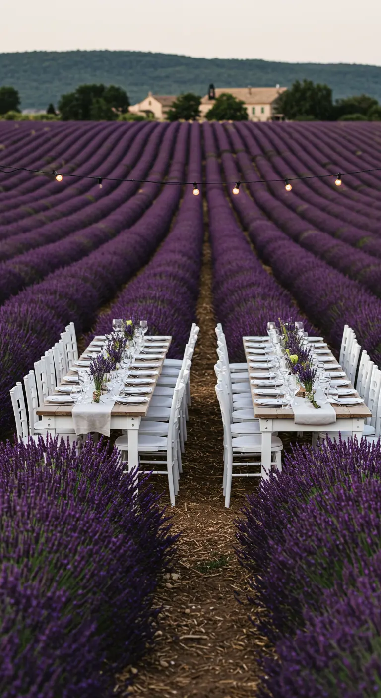 Lange dinertafels opgesteld tussen rijen bloeiende lavendel in de Provence.