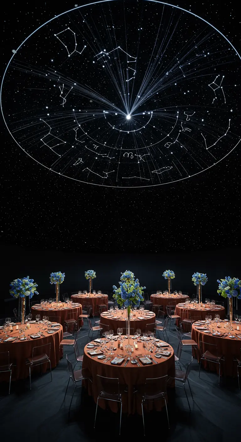 Ronde tafels in een donkere zaal met een enorme planetarium-projectie op het plafond.