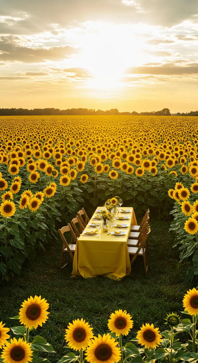 Intieme dineropstelling met een gele loper midden in een groot zonnebloemveld bij zonsondergang.