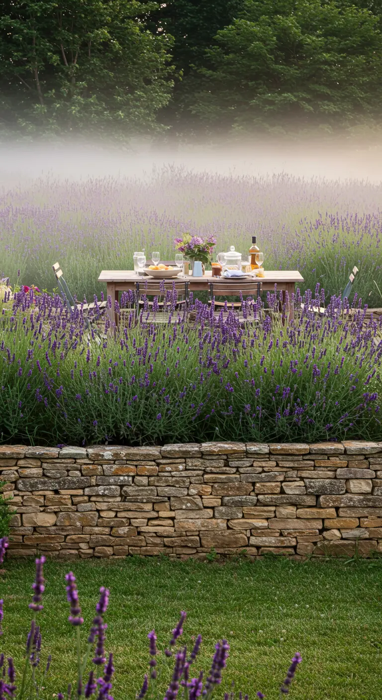 Eettafel opgesteld in een veld van lavendel, omringd door een stenen muur.