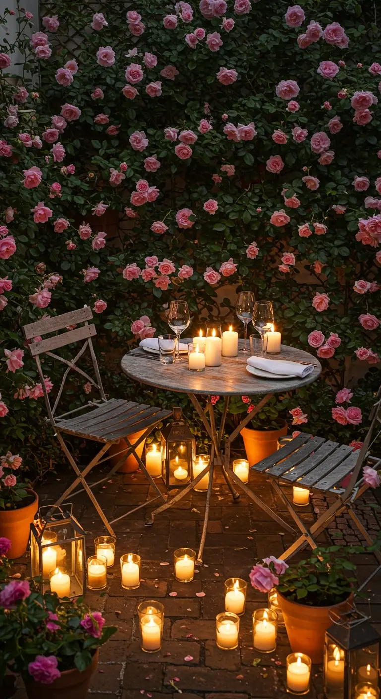 Romantisch etentje voor twee voor een muur van roze rozen, verlicht door talloze kaarsen.