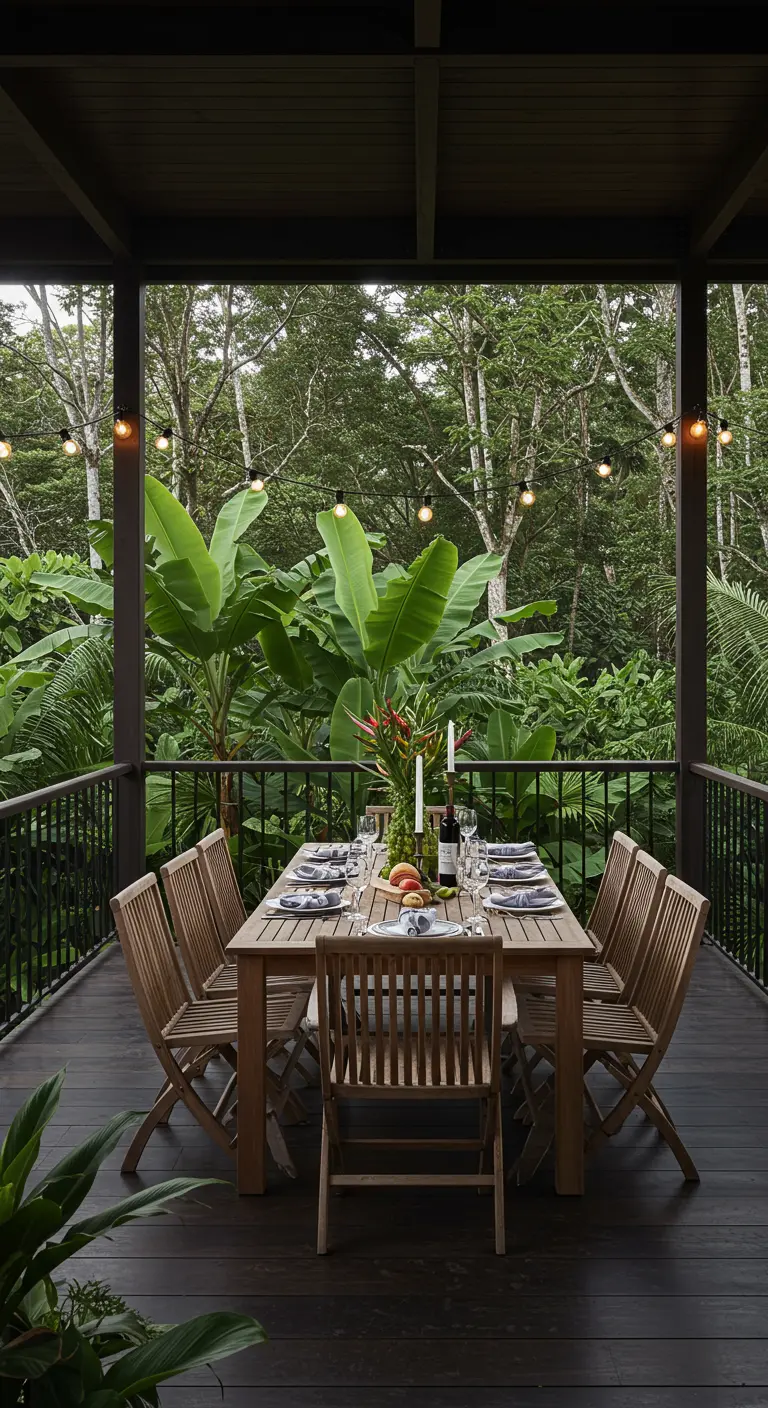 Groot balkon met houten eettafel, stoelen en uitzicht op een dichte, weelderige jungle.