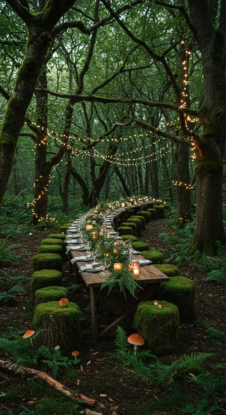 Lange, gebogen tafel in een bos, met boomstammen als stoelen en sfeerverlichting in de bomen.