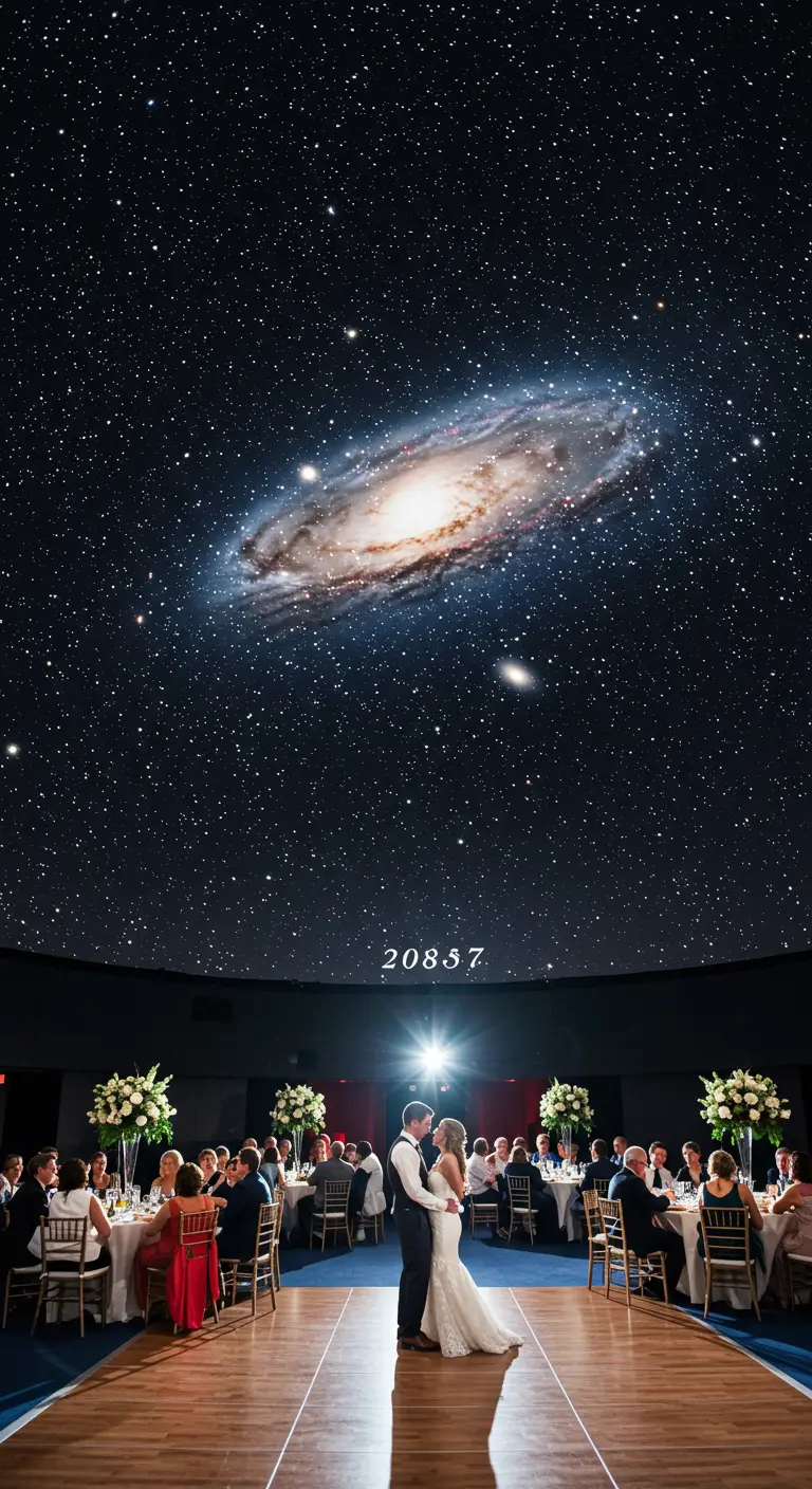 Bruidspaar danst onder een enorme projectie van een sterrenstelsel in een planetarium.