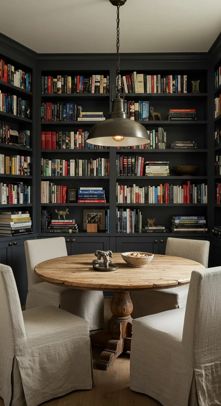 Eetkamer en bibliotheek in één, met donkere boekenkasten en een ronde houten tafel.