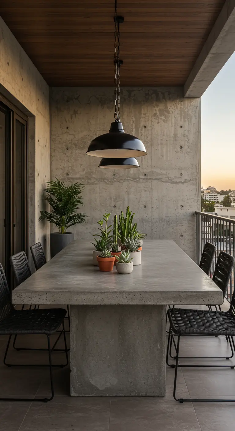 Betonnen eettafel met zwarte stoelen op een industrieel balkon.