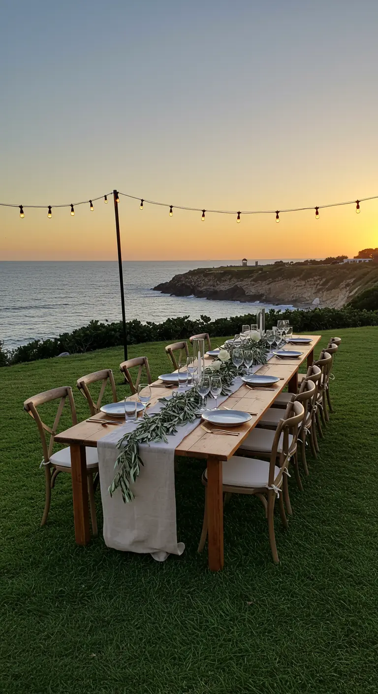 Lange houten dinertafel op een grasveld met uitzicht op zee bij zonsondergang.
