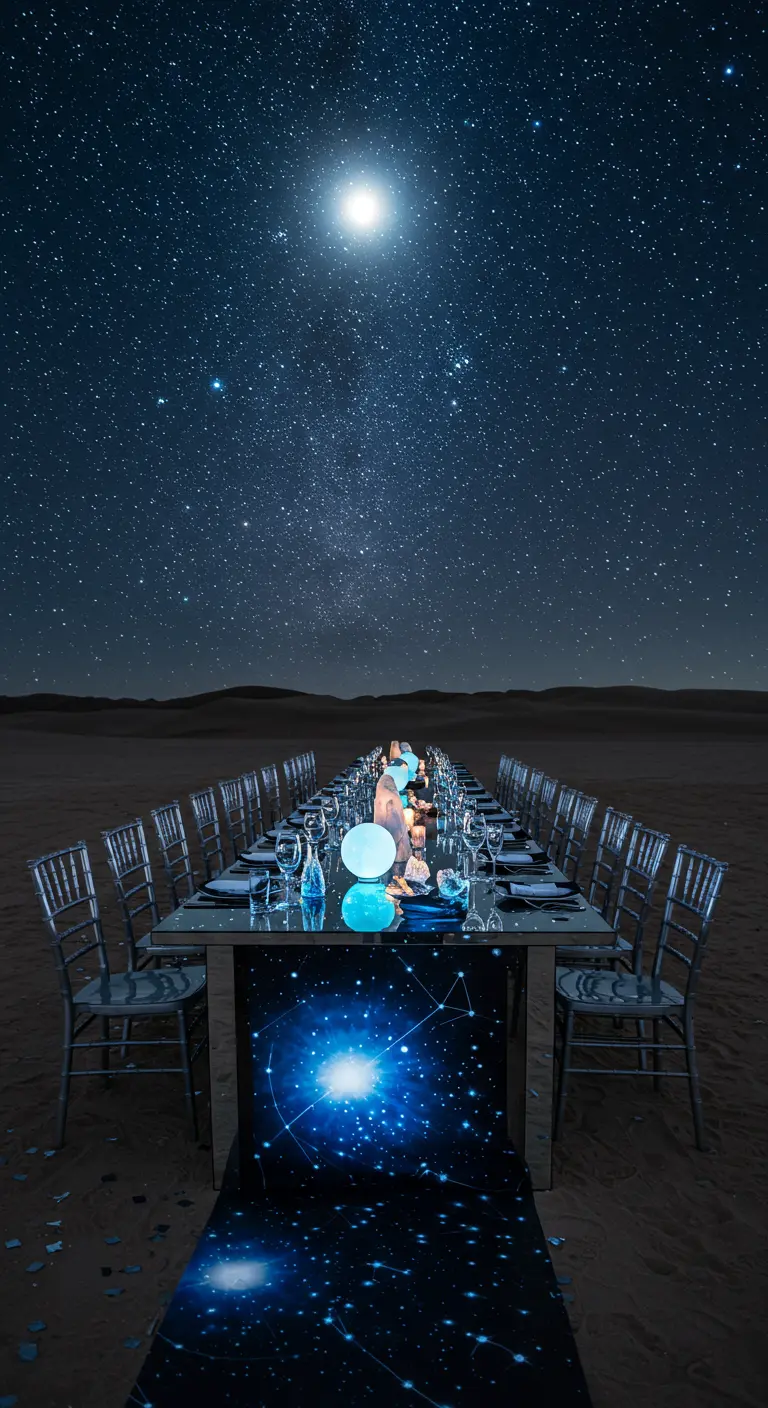 Lange tafel in de woestijn onder een sterrenhemel, met een loper met ruimteprint.