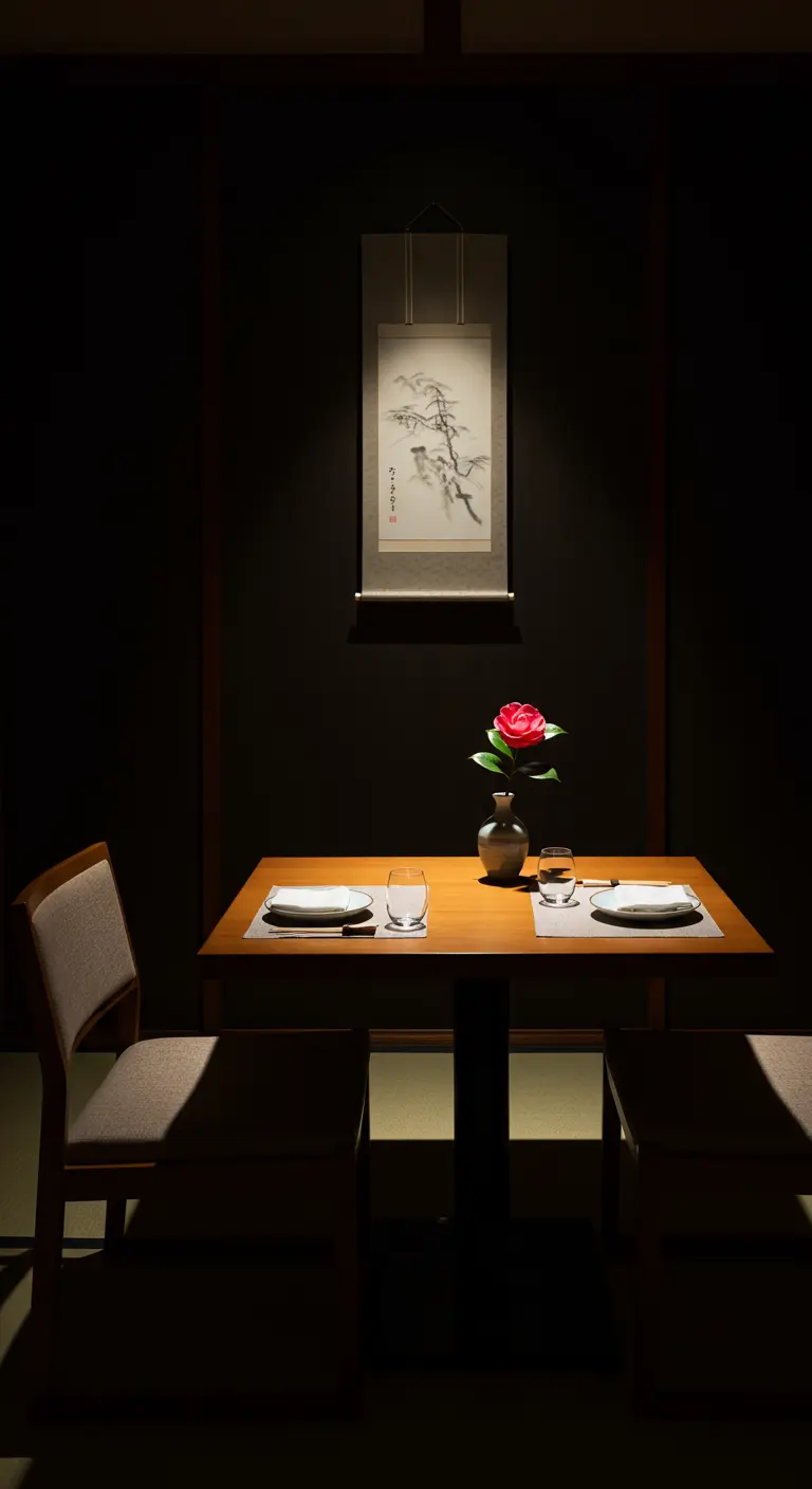 Intiem gedekte tafel voor twee in een donkere ruimte, met een spot op de bloem.