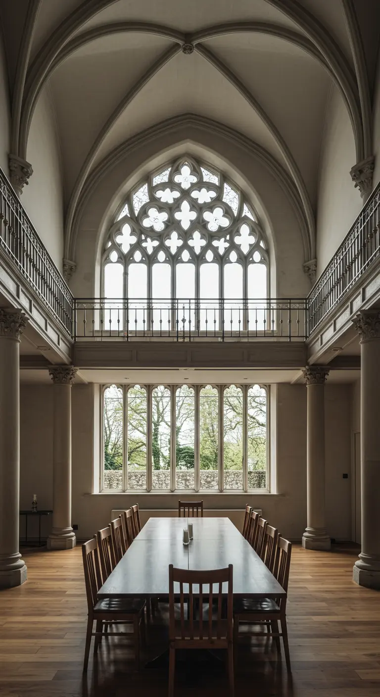 Grote eetzaal met een hoog plafond en een gotisch raam, met een lange, donkere houten tafel.