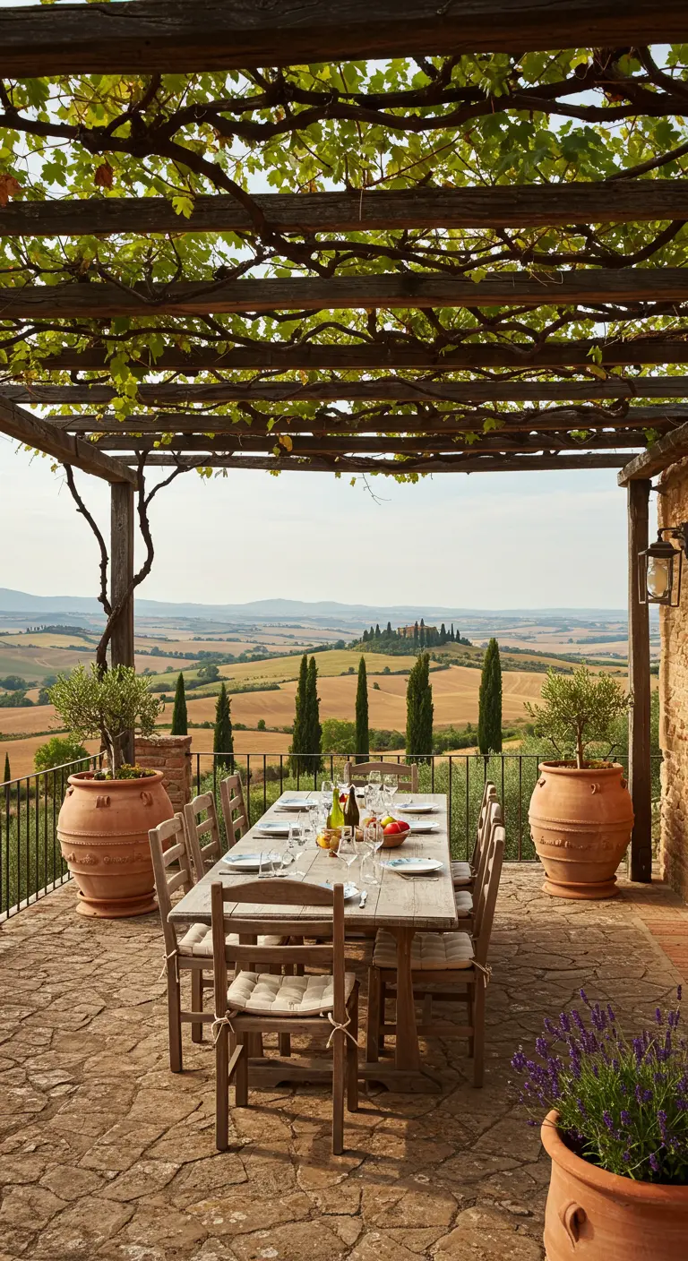 Terras in Toscane met lange eettafel onder een met wijnranken begroeide pergola.