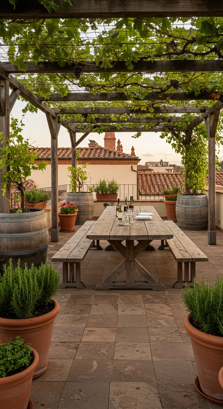 Dakterras met een houten pergola begroeid met druiven, een lange eettafel en wijnvaten.
