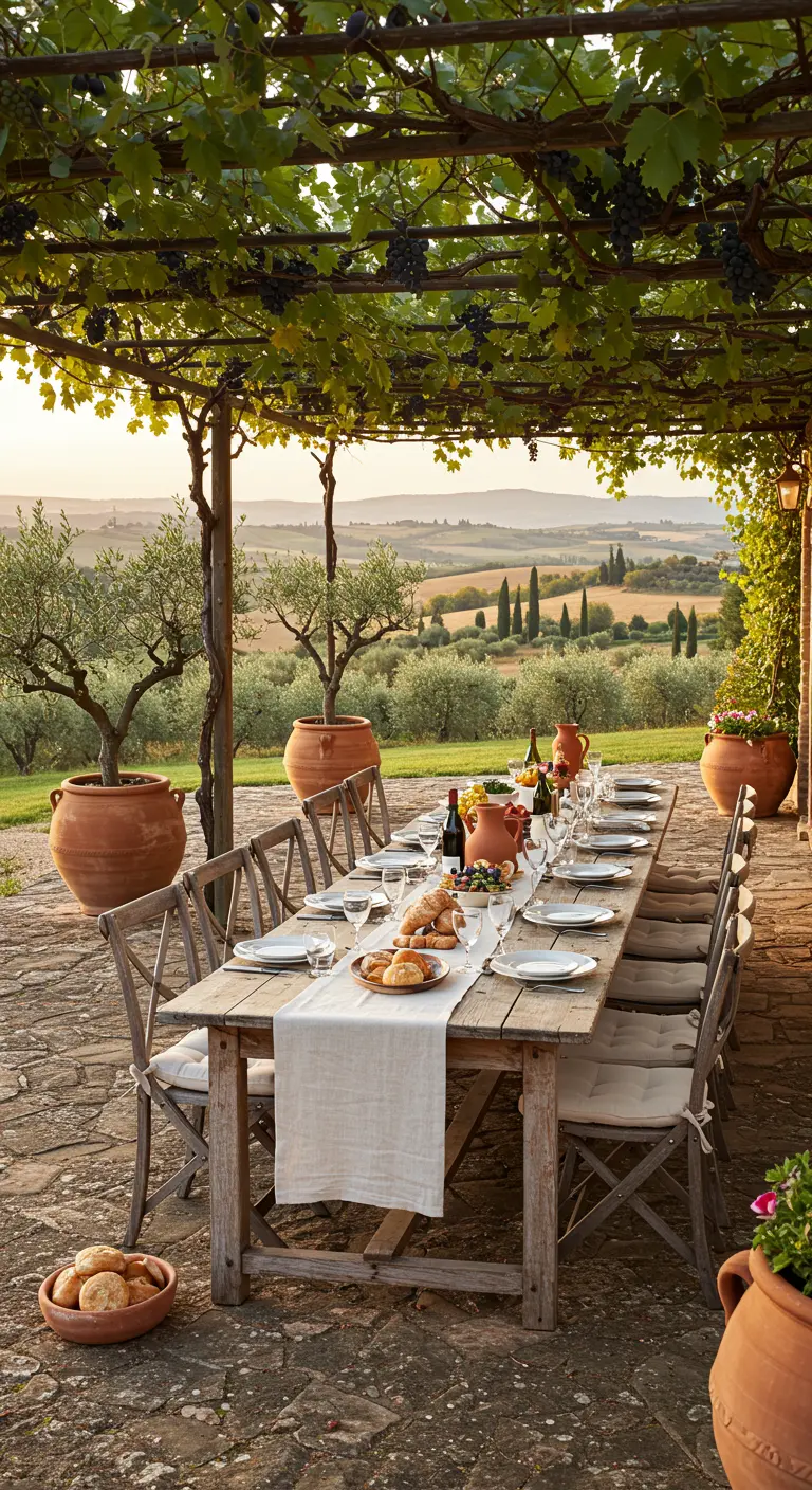 Lange houten eettafel met linnen loper onder een pergola met druiven in Toscane.