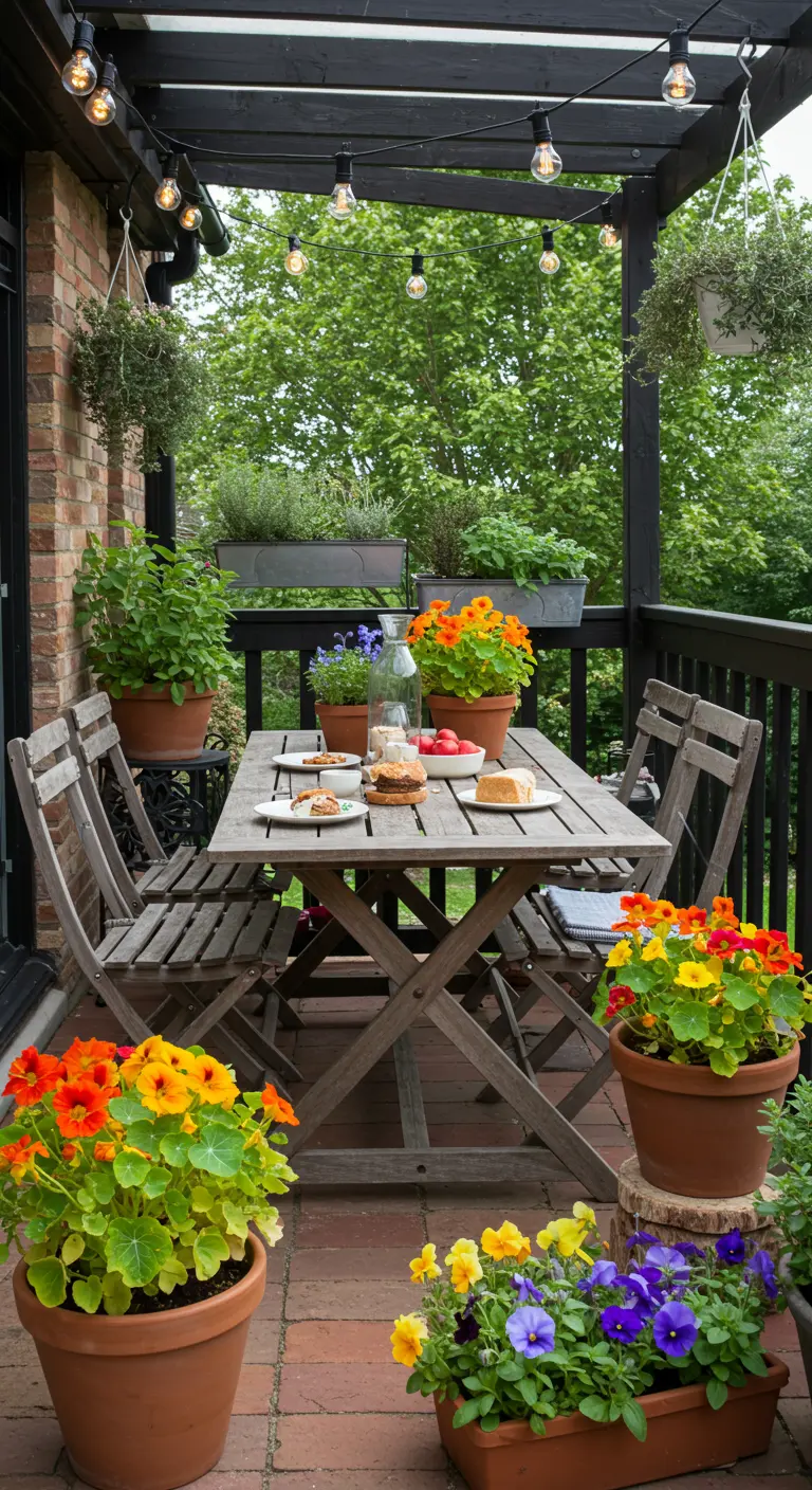 Houten balkon met eettafel, kruidenpotten en sfeervolle priklampen voor dineren.
