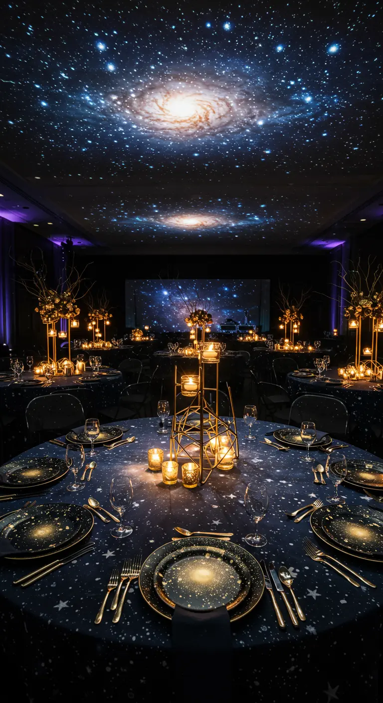 Feestzaal met sterrenhemelprojectie en tafels gedekt in een kosmisch thema.
