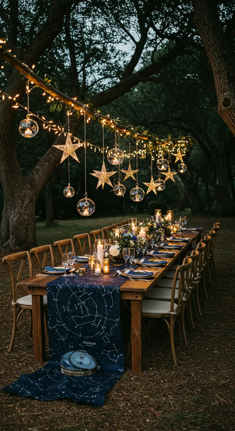 Nachtelijke buitentafel met een sterrenbeeldloper, kaarsen en hangende ster- en bollichtjes.