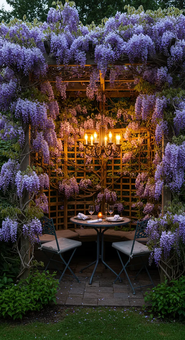 Romantische eethoek voor twee onder een met Wisteria begroeide pergola.