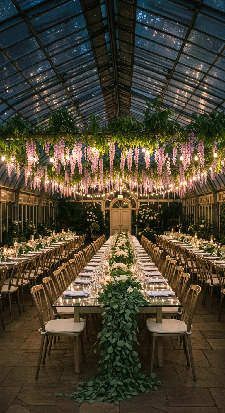 Diner in een kas met hangende trossen blauweregen en lichtjes boven de lange tafels.