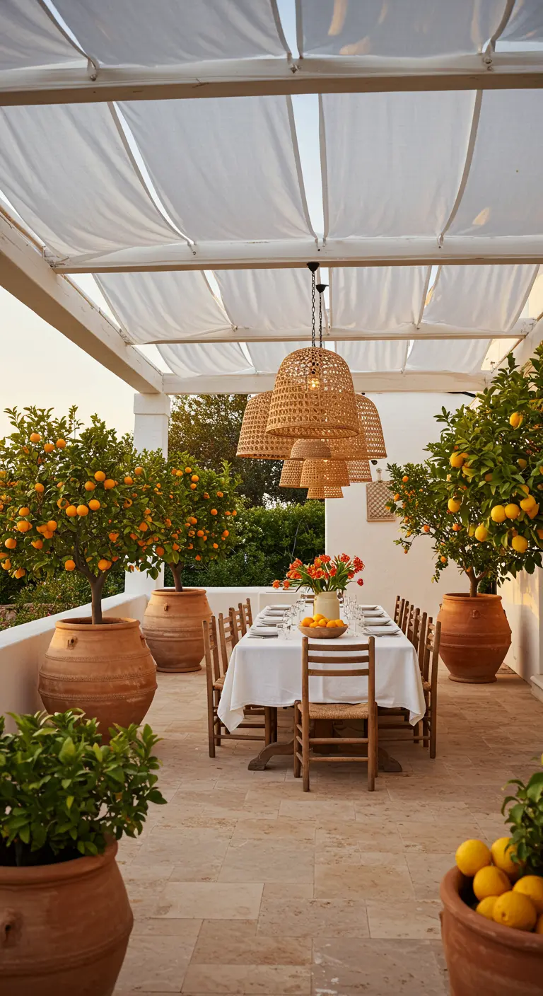 Terras met lange eettafel onder witte doeken, omringd door citrusbomen in grote potten.