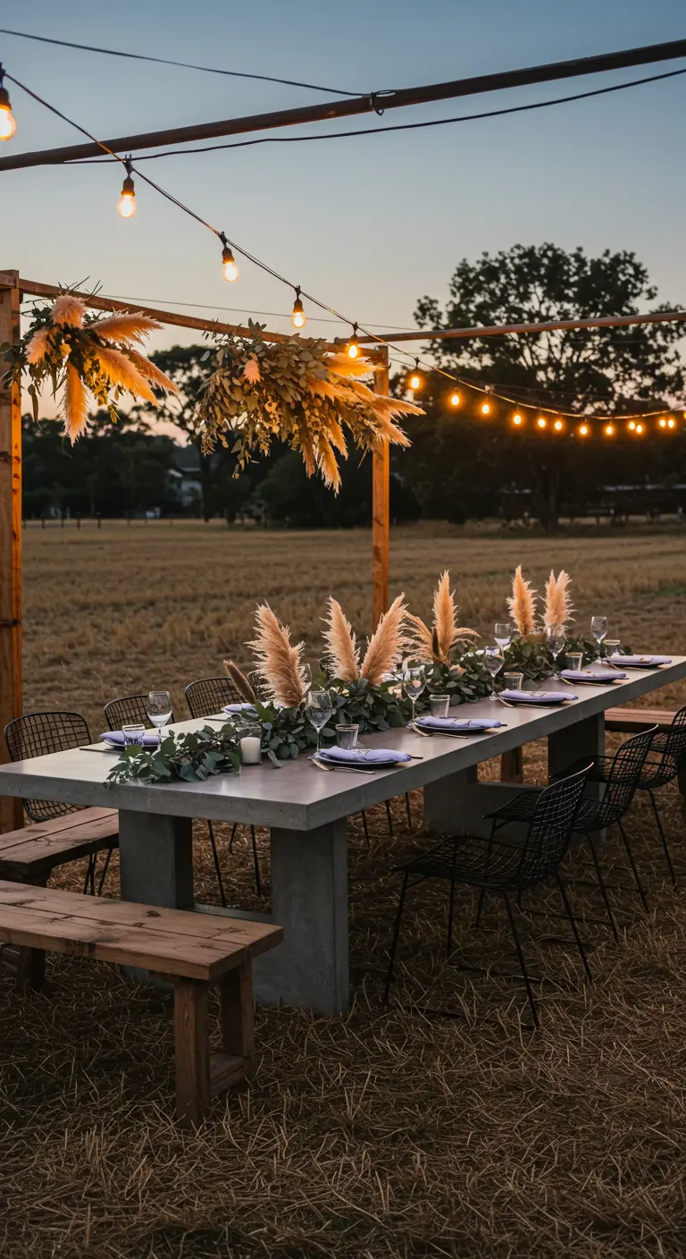 Lange eettafel in een veld met lichtslingers en pampasgras erboven.