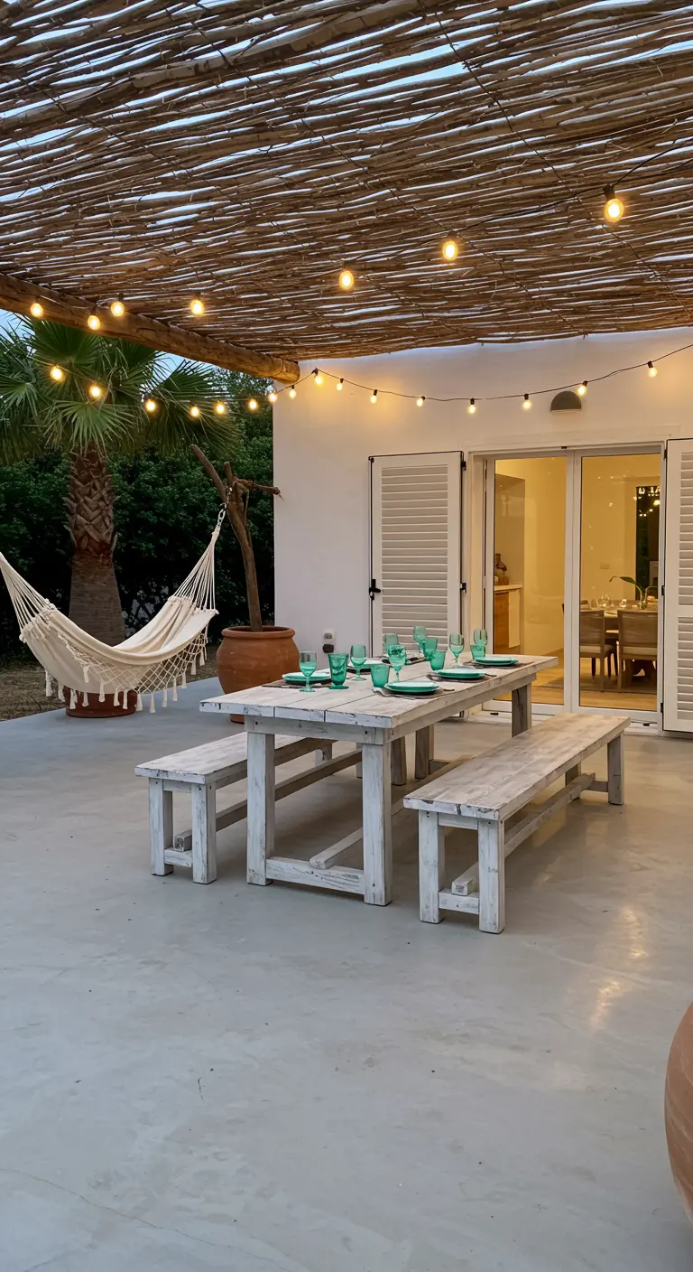 Terras met witgekalkte eettafel, rieten overkapping, lichtsnoer en een hangmat in de tuin.